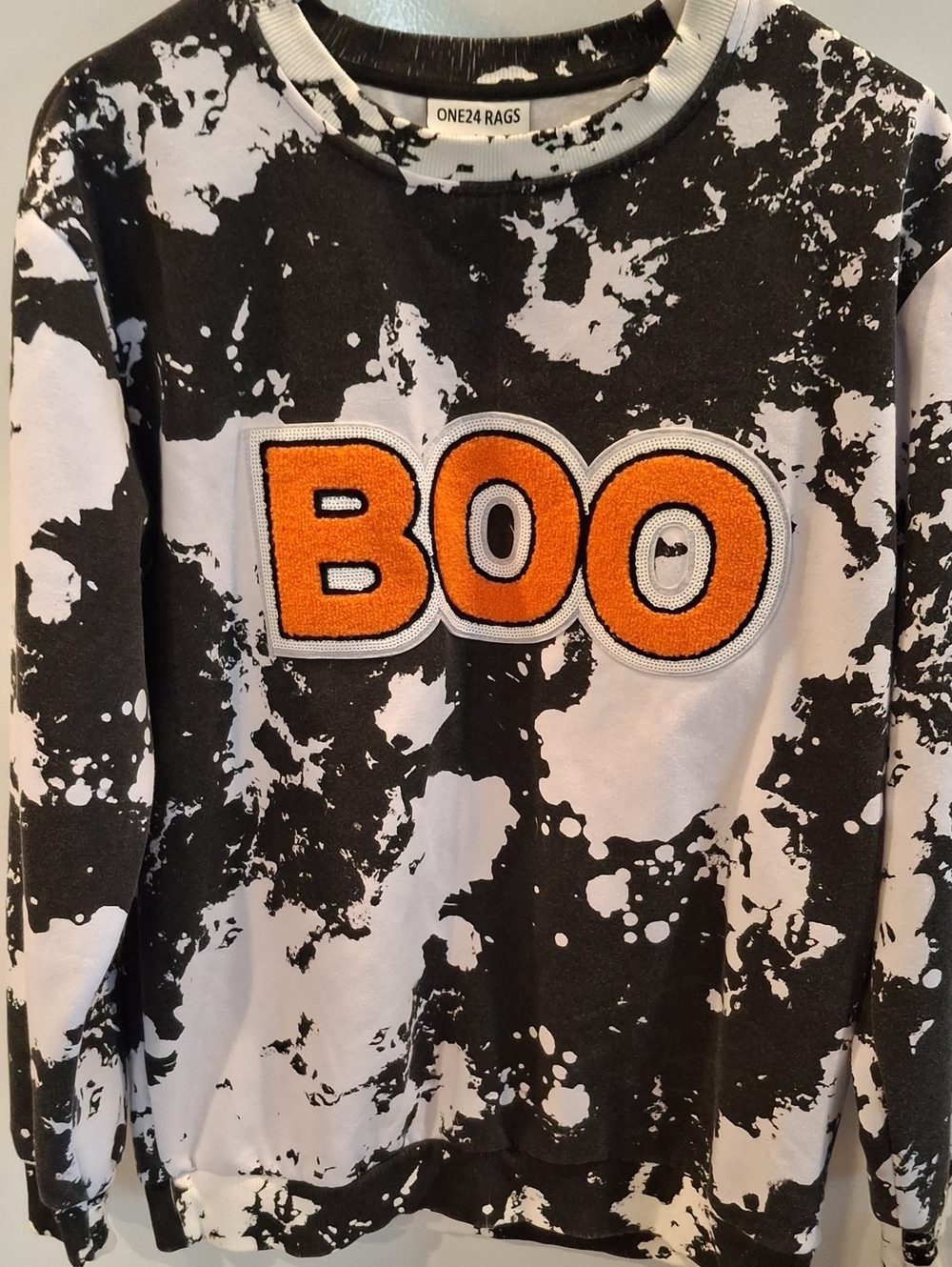 ONE24 Rags Adult 'BOO' Graphic Sweatshirt - Black & White with Orange Accent